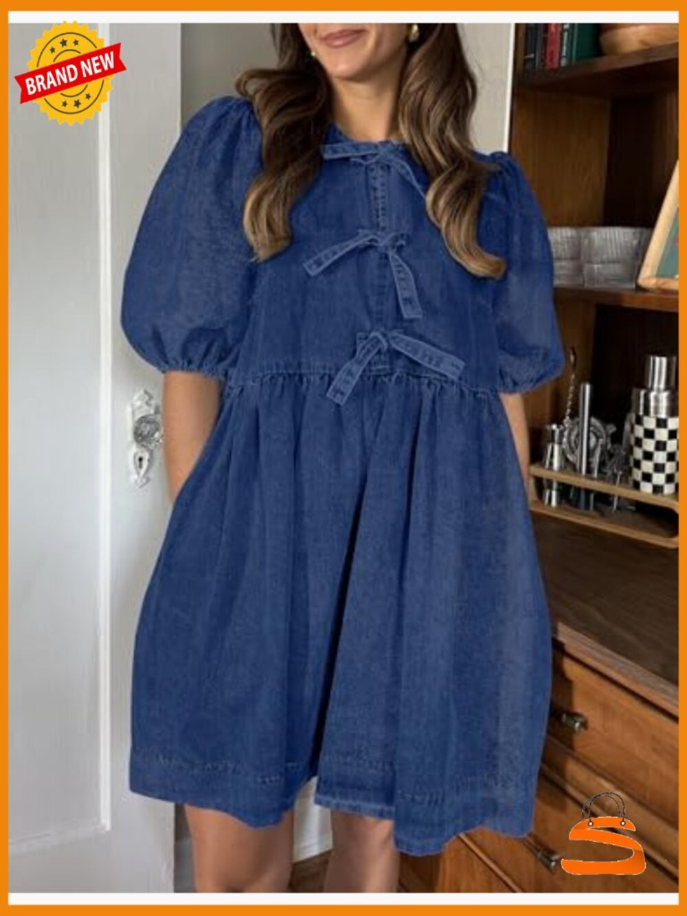Puff Sleeve Babydoll Denim Romper Dress with Pockets - Picture 4 of 7
